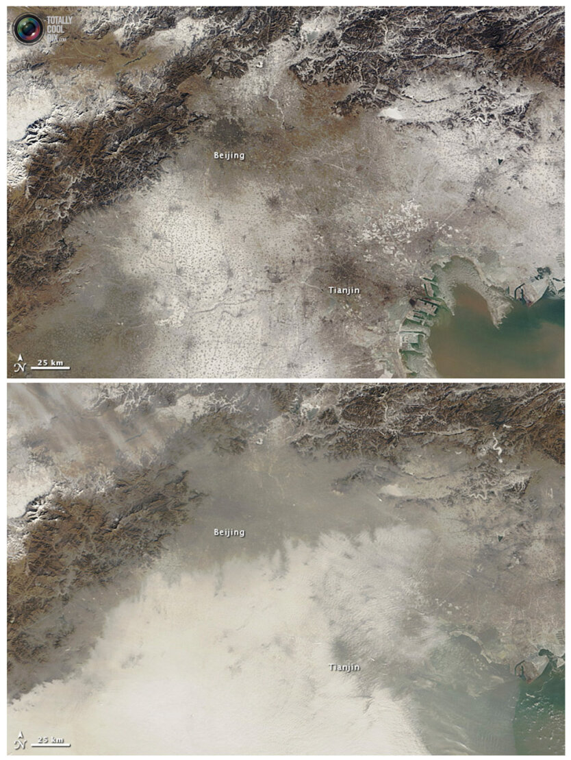 11. На этих спутниковых фотографиях в реальных цветах изображен северо-восточный Китай. (NASA / Reuters)