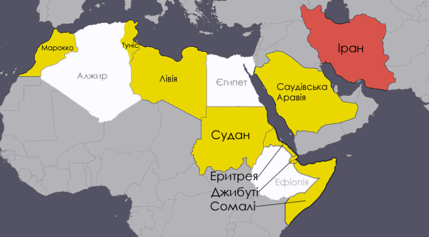 Жовтим кольором виділені країни, що підтримали Саудівську Аравію