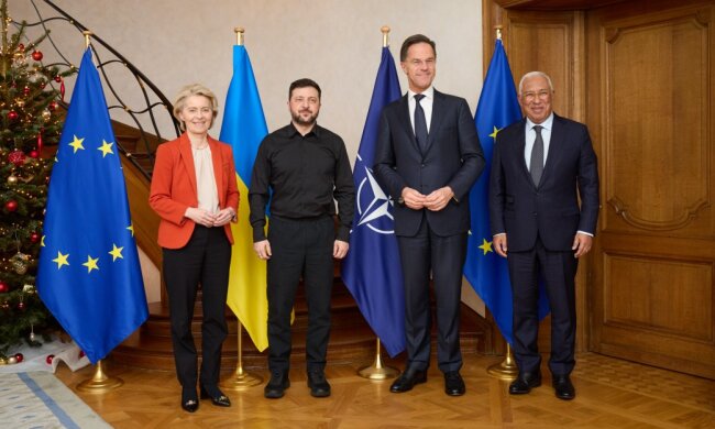 Володимир Зеленський з європейськими лідерами та генсеком НАТО Марком Рютте