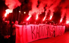 Activists of far-right parties take part in a rally against approval of so-called Steinmeier Formula, in Kiev
