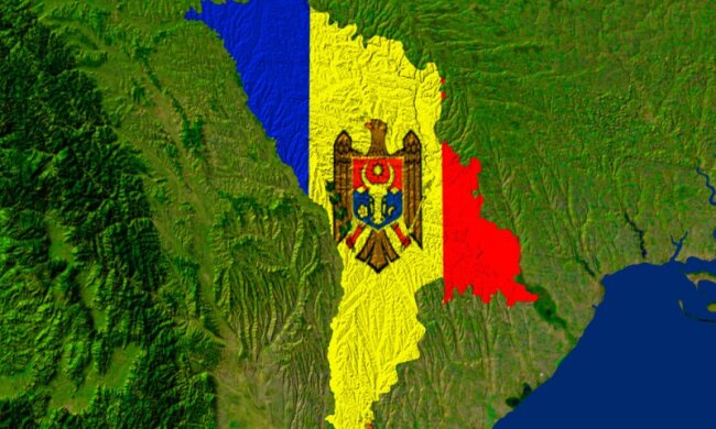 Satellite image of Moldova with the country’s flag covering it