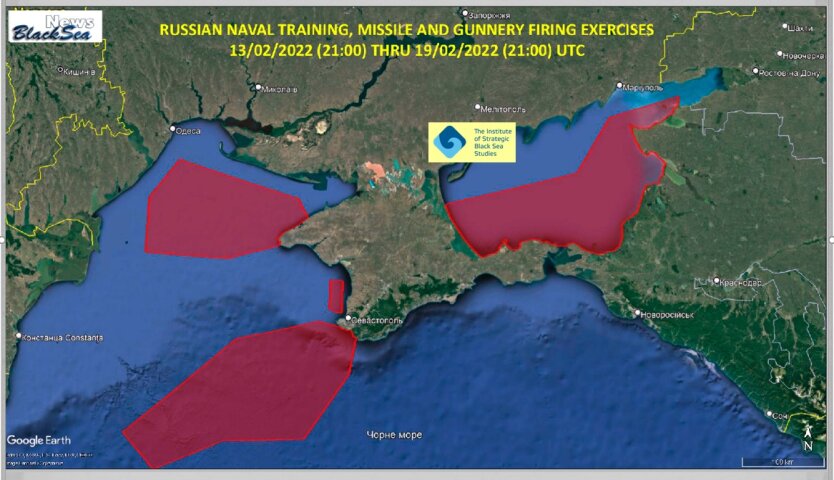 Перекрытие зон в Черном и Азовском море на время "учений" России, карта