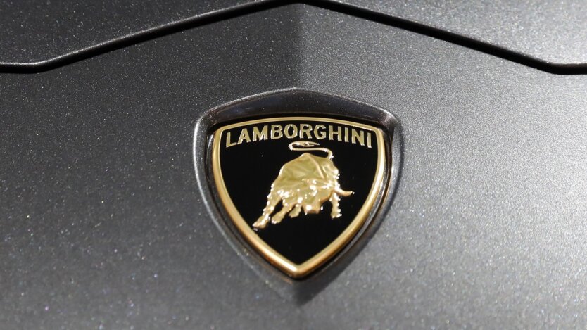 The Lamborghini logo is seen on a car at the New York Auto Show in New York