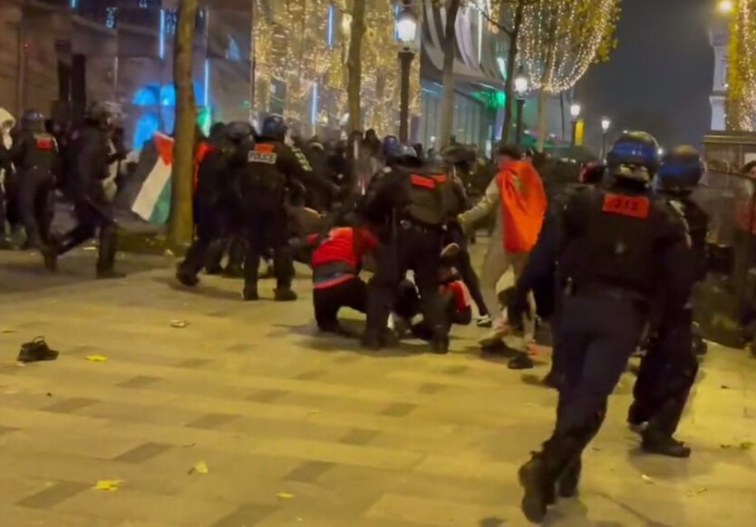 Массовые беспорядки в Париже, футбольные фанаты, Марокко португалия, Чемпионат мира по футболу