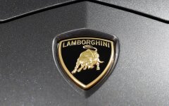 The Lamborghini logo is seen on a car at the New York Auto Show in New York