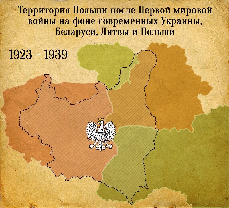 Территория Польши после Первой мировой войны на фоне современных Украины, Беларуси, Литвы и Польши.