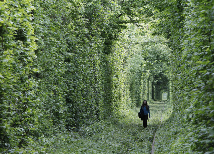 Девушка идет по заброшенному железнодорожному пути, известному теперь как «Туннель любви» в небольшом украинском городке Клевань Ривненской области в примерно 350 км от Киева.