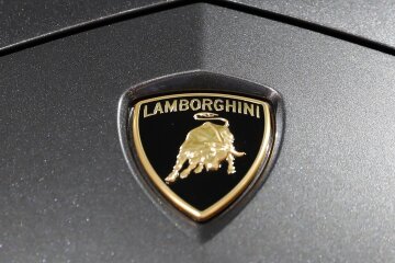 The Lamborghini logo is seen on a car at the New York Auto Show in New York