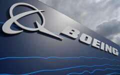 Signage for Boeing is seen on a trade pavilion at Farnborough International Airshow in Farnborough, Britain