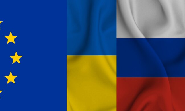 Флаги ЕС, Украины и РФ, колаж