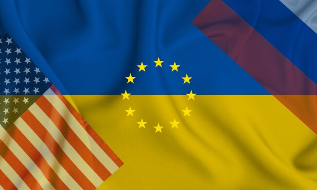 Прапори України, ЄС, США та РФ, колаж