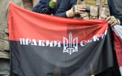 Pravyi Sektor(Roght Sector) flag. Euromaidan, Kyiv, Ukraine. Events of February 22, 2014.