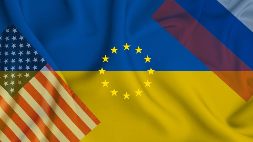 Флаги Украины, ЕС, США и РФ, коллаж
