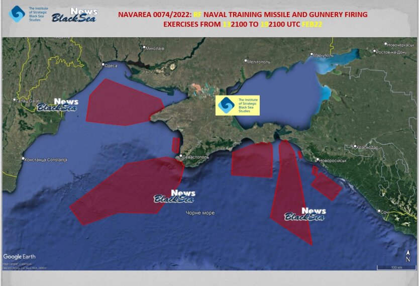 Перекрытие зон в Черном море на время "учений" России, Карта